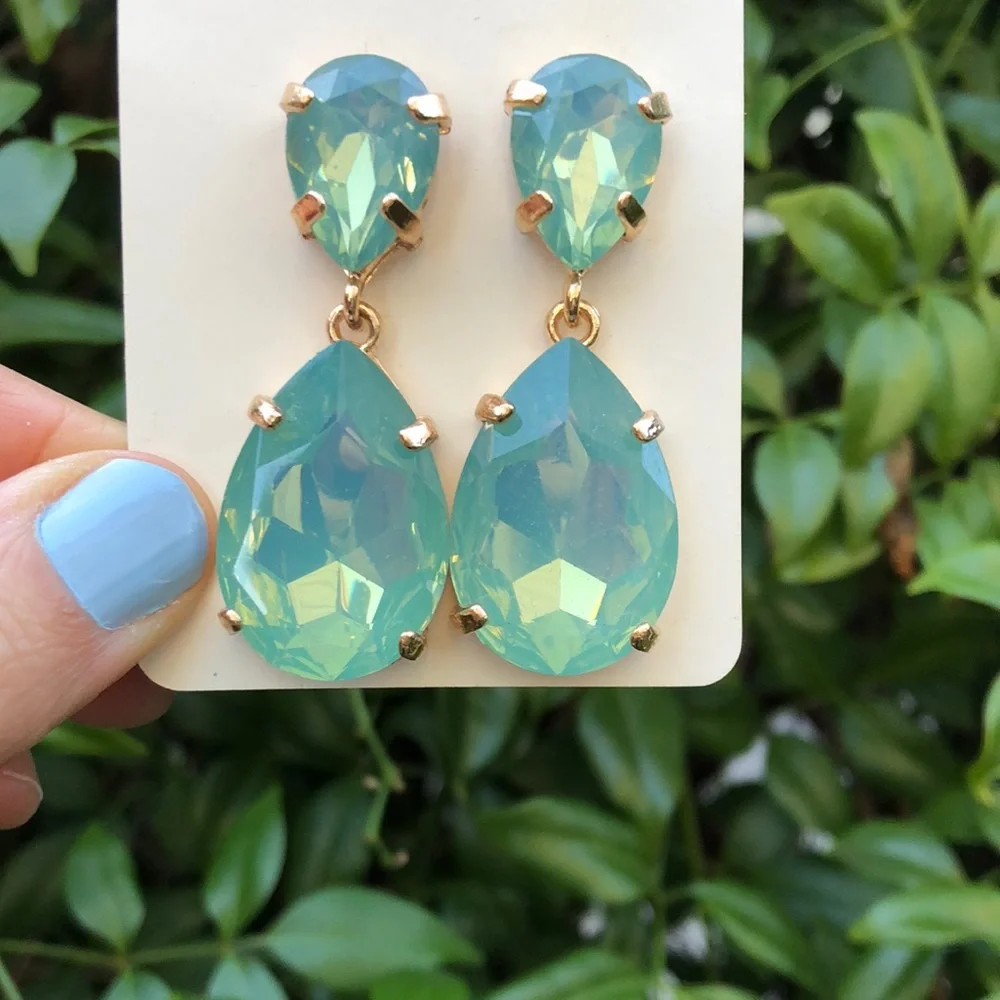 Green Opal Crystal Drop Statement Earrings